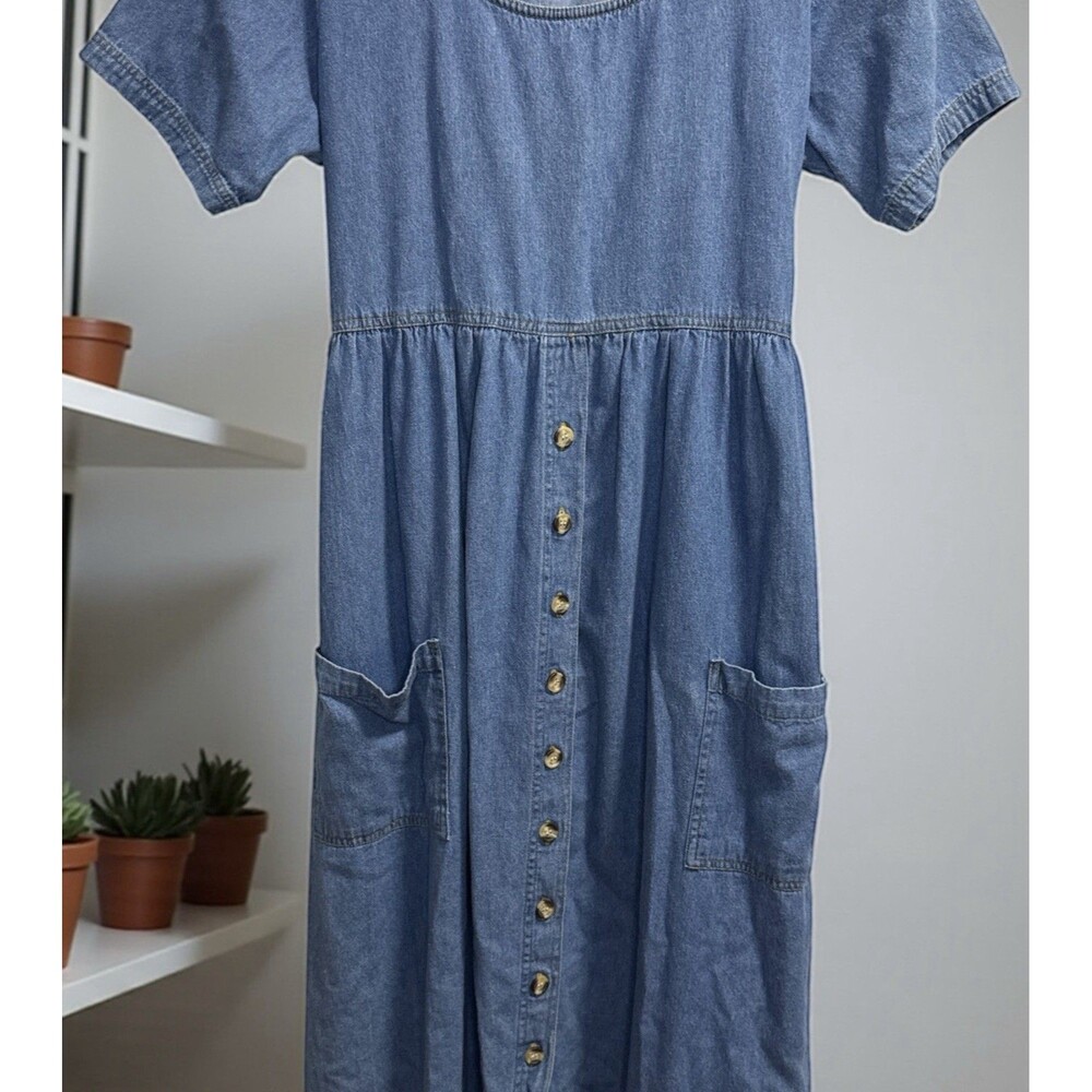 Vintage Denim True Blue Maxi Dress Teacher School Print Tie Back Pockets sz L